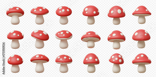 A collection of 3D rendered red and white spotted toadstool mushrooms in various shapes and sizes, arranged on a transparent background.