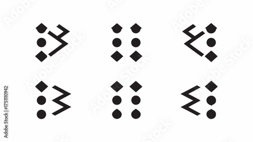 A set of six abstract symbols arranged in two rows of three each on a white background showing patterns | editable eps vectors silhouette