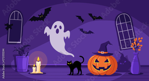 Halloween Room Scene with Ghost, Black Cat, Pumpkin, and Bats – PNG and SVG Illustration