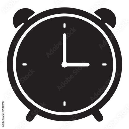 Classic Black and White Alarm Clock Icon Depicting Time Management and Deadline Awareness Simple Design Element Minimalist Illustration