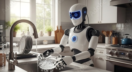 A futuristic humanoid robot diligently washing dishes with running water in a modern, sunlit kitchen sink.