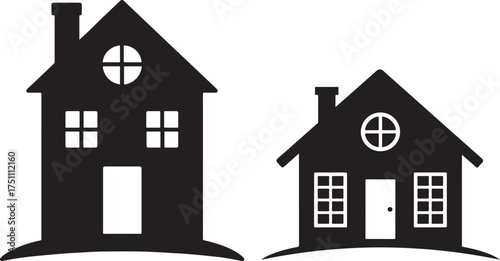 Two black silhouette houses with windows and chimneys.