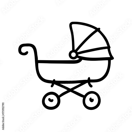 Simple line art illustration of a baby stroller with a playful design, showcasing a modern and minimalist aesthetic, perfect for parenting and childcare themes