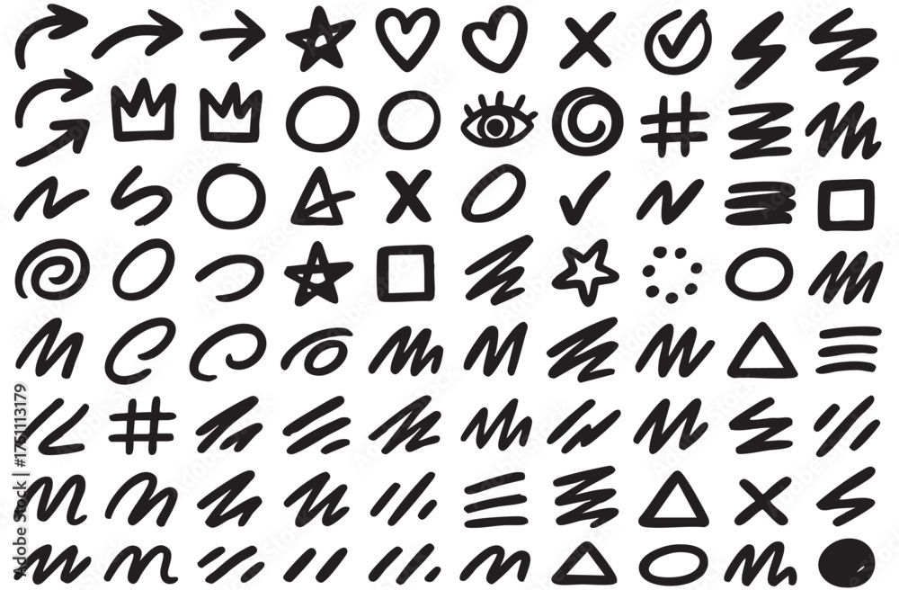 Fototapeta premium Childish crayon drawn scrapbook stickers. Scribble and doodle paper stickers for hand drawn notes, collages and social media design. 