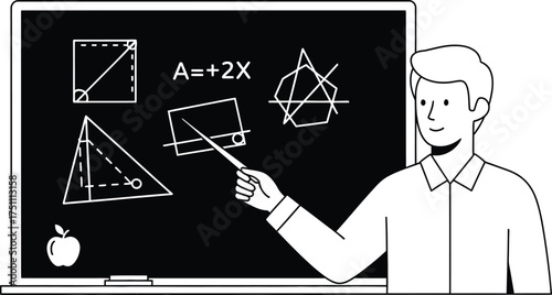 A teacher is explaining math formulas on the blackboard, using a pointer to highlight the equations and diagrams, with an apple placed at the bottom corner, isolated on white background