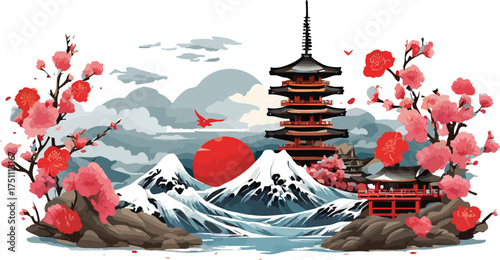 Japanese Landscape with Mount Fuji, Red Sun, Pagoda and Cherry Blossoms – Vector Illustration