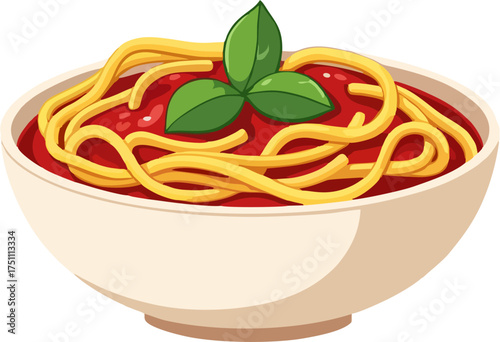 Spaghetti Bowl Vector – Italian Pasta with Tomato Sauce and Basil Garnish, Flat Minimal Illustration