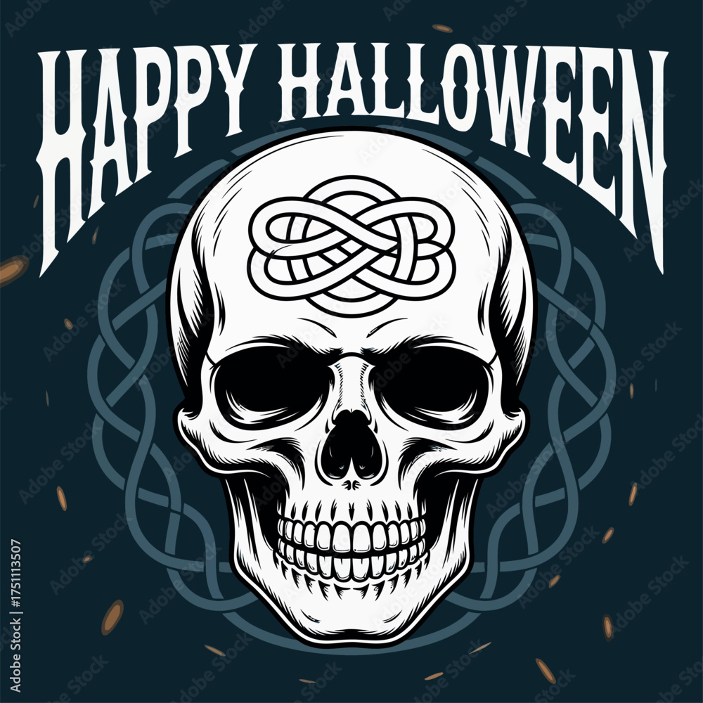 Fototapeta premium Happy Halloween Skull Graphic with Celtic Knot Design