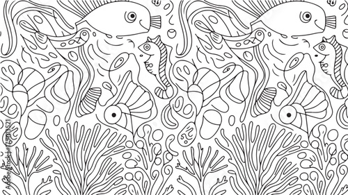 Whimsical underwater scene with stylized fish and abstract aquatic plants in a detailed black and white line drawing