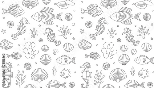 Abstract black and white organic cellular structures forming a complex and intricate repeating pattern on a white background