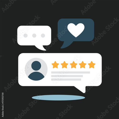 Customer Review with Stars and Speech Bubbles on Dark Background Keywords: customer review, feedback