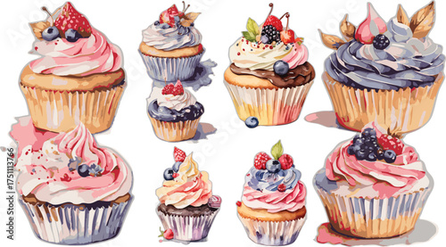 Watercolor Cupcakes with Berries and Cream Frosting – Hand Painted Dessert Illustration