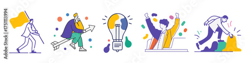 Business success icons set with teamwork, innovation, leadership, and achievement illustrations in modern flat line art style