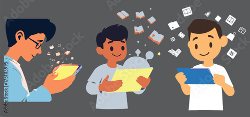 PrintFlat Illustration of Students Learning with Digital Tablets – Online Education and E-Learning Concept