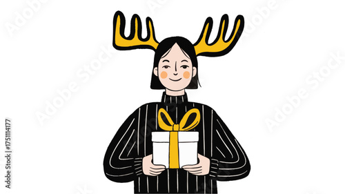 Festive person wearing reindeer antlers and holding a gift box illustration for Christmas celebration and holiday greeting design
