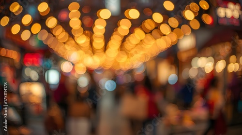 Golden orbs cascade above the blurred figures in a bustling night market, creating a vibrant ambience.