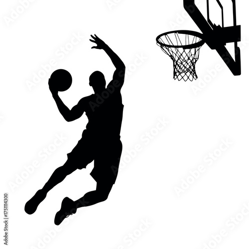 A vector illustration vector art of silhouette of a basketball player dunking the ball into the hoop