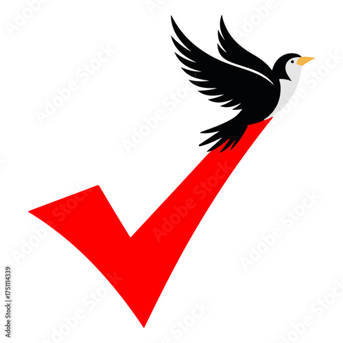 Symbol of Approval: A stylized bird taking flight from a vibrant, bold check mark, a powerful symbol of affirmation and endorsement. conveying messages of validation, positivity.