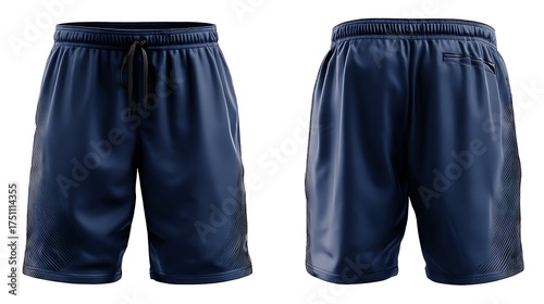 Front and back view of navy blue athletic shorts with drawstring waist