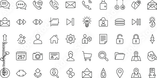 Modern line icon set for web interface, communication, business, email, technology, navigation, user profile, and creative design