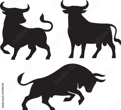 Minimalist Bulls Silhouettes Strong and Dynamic Poses Vector Illustration