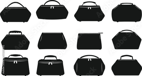 Handbag silhouettes collection, fashion bags vector artwork, stylish purses illustration, women accessories design, trendy tote and clutch, cad drawing flat vector illustration