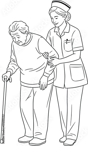 Nurse helping elderly woman walking with cane, senior care illustration, caregiver support drawing, healthcare assistance sketch, nursing compassion, medical aid artwork