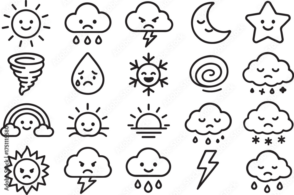 Fototapeta premium Collection of hand drawn weather icons with cute expressive faces representing different atmospheric conditions and emotions for design
