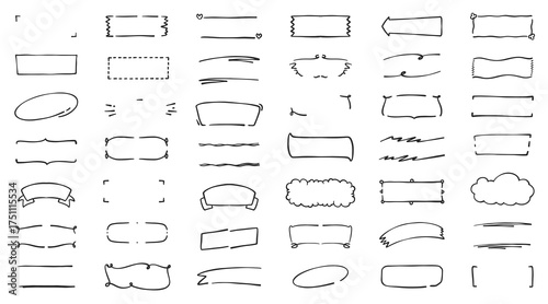 Collection of hand drawn text boxes, banners, and frames. Rustic brush stroke style with cute tags, labels, and ornaments. Ideal for headlines, notes, badges, and creative decoration elements.