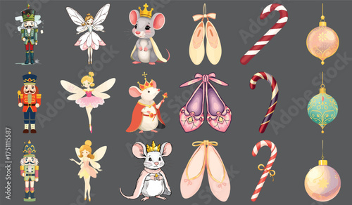Nutcracker and Fairy Tale Christmas Vector Set – Ballet Mouse King, Ballerina, and Holiday Ornaments Illustration