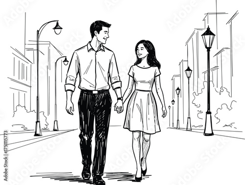 Romantic couple walking hand in hand on city street, love relationship, urban lifestyle, happiness, togetherness, illustration of young romance