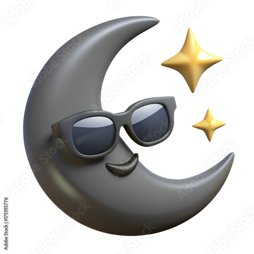 3D crescent moon emoji with black sunglasses smiling face and glowing stars representing dreamy night vibes and cosmic fun