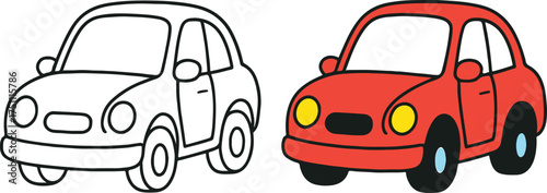Simple cartoon red car and outline for coloring book page showing two identical vehicles side by side