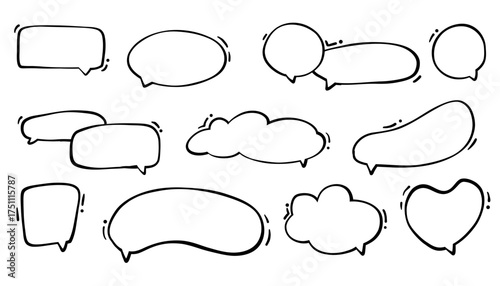 Doodle blank speech bubble set. Comic talk clouds and balloon icons for speak, think, chat, and dialog. Hand drawn cartoon concept with space for text. Manga style vector illustration.