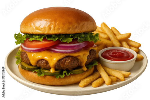 Classic cheeseburger, fries, and ketchup isolated on transparent background