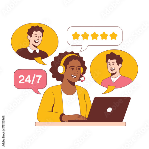 Customer service agent with headset interacting with clients and stars Keywords: customer service