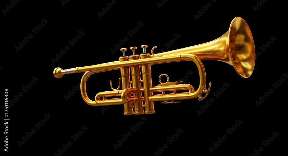 Fototapeta premium Shining Golden Brass Trumpet Musical Instrument Isolated on Black Background