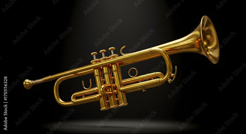 Obraz premium Shiny Golden Trumpet Isolated on Black Background with Spotlight Effect