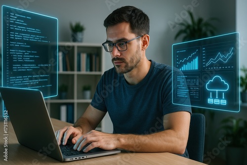  A software developer in casual attire sitting at a clean desk, typing on a laptop while futuristic holographic screens project programming code, data analytics charts