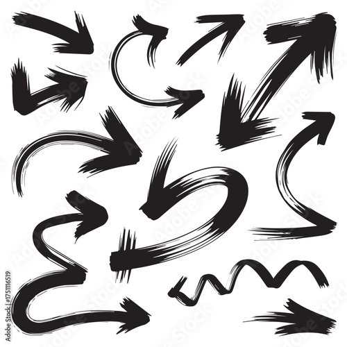 Hand Drawn Black Brush Arrows Set – Grunge Ink Directional Arrow Icons Isolated on White Background