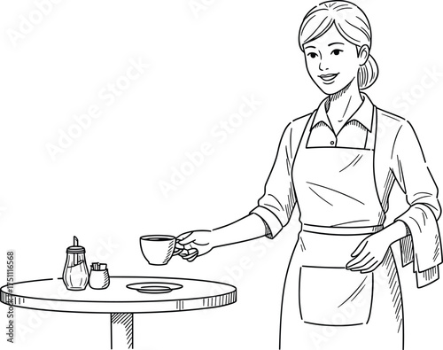 Smiling waitress serving coffee cup, woman in apron holding drink at cafe, restaurant service illustration, hospitality staff, professional worker sketch