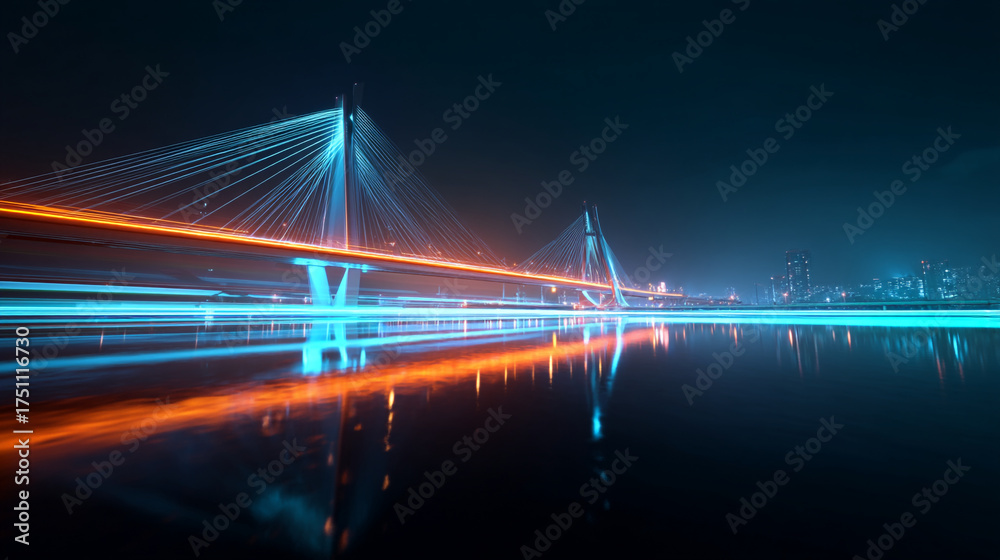 Obraz premium Night scene featuring a bridge with light trails and water reflections
