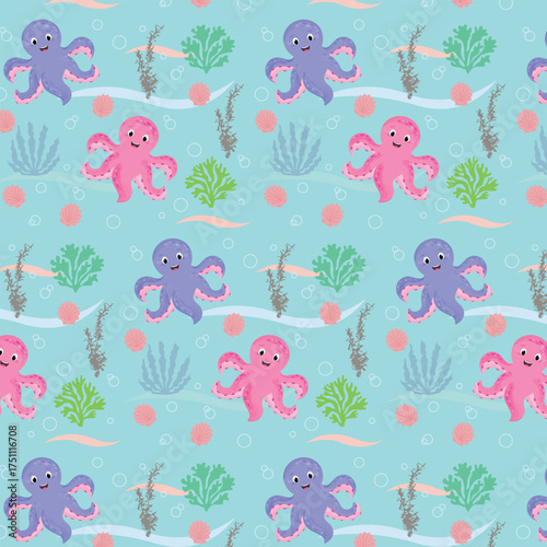 Ocean sea animals comic seamless pattern. Nautical undersea boundless background. Endless template design for paper print wrapper backdrop