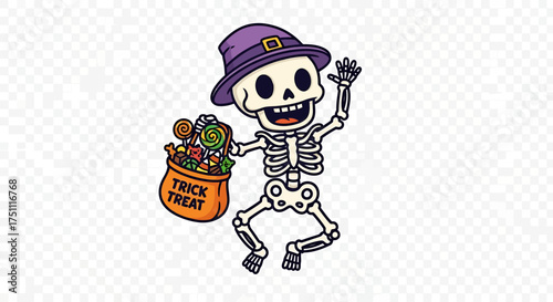 A happy cartoon skeleton in a purple hat waves while holding a trick-or-treat bag full of candy.
