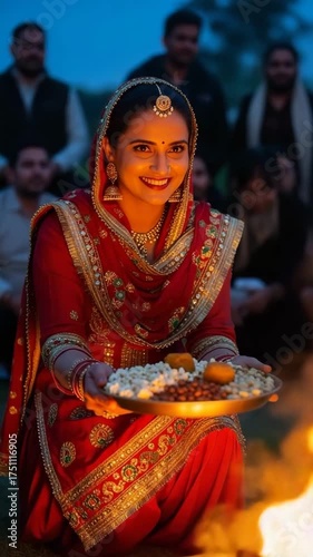 Woman in traditional Punjabi dress celebrates Lohri by offering food to the bonfire surrounded by family and friends