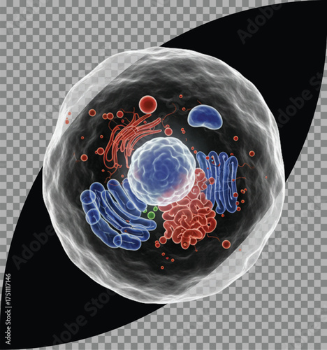 Detailed animal cell with nucleus and organelles, 3D render. isolated on transparent background
