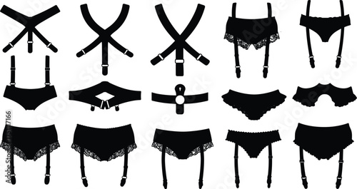 Lingerie and harness accessories silhouettes collection, intimate fashion vector artwork, sexy underwear illustration, stylish garment design, cad drawing flat vector illustration