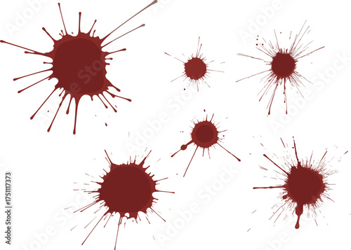 Realistic red  splatter and dripping stains isolated on white background, horror crime scene texture, Halloween design, forensic artwork