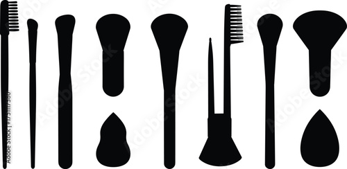 Makeup tools silhouettes collection, cosmetic brushes and accessories vector artwork, beauty salon illustration, fashion grooming design, 