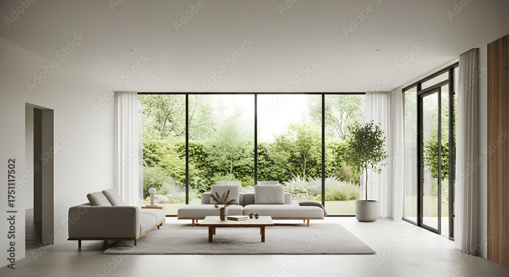 Fototapeta premium Modern Living Room with Gray Sofas and Garden View
